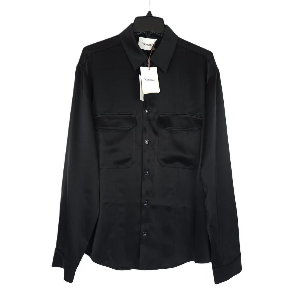 Nanushka Mens Armo Button Down Shirt Sz Medium Black Solid Long Sleeve Satin Nwt